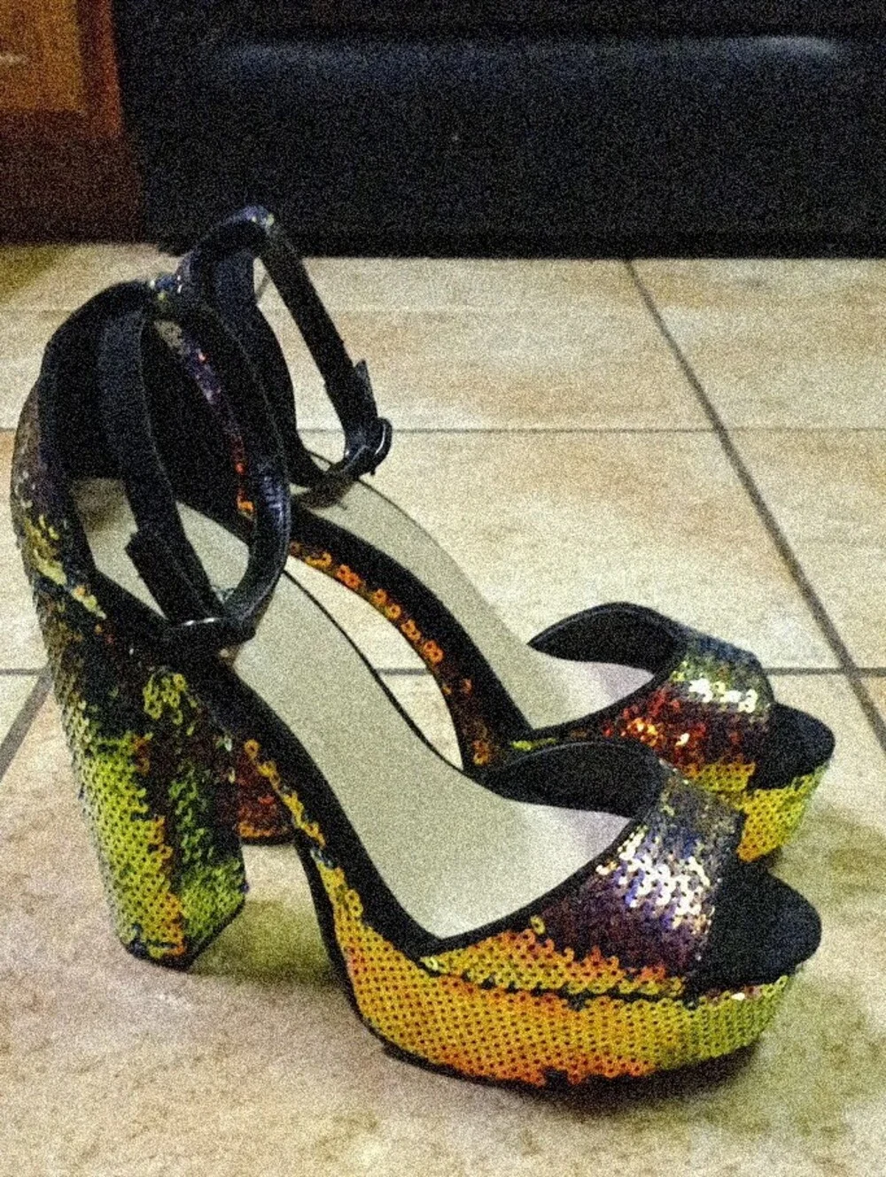Qupid Multicolor Sequin Platform Sandals with Black Ankle Strap
